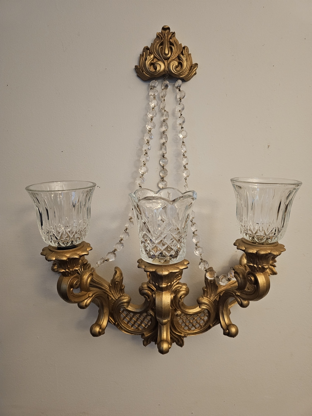 Vintage Style Gold Wall Sconce with Crystal Shades CANDELABRA ,3 Glass Votives